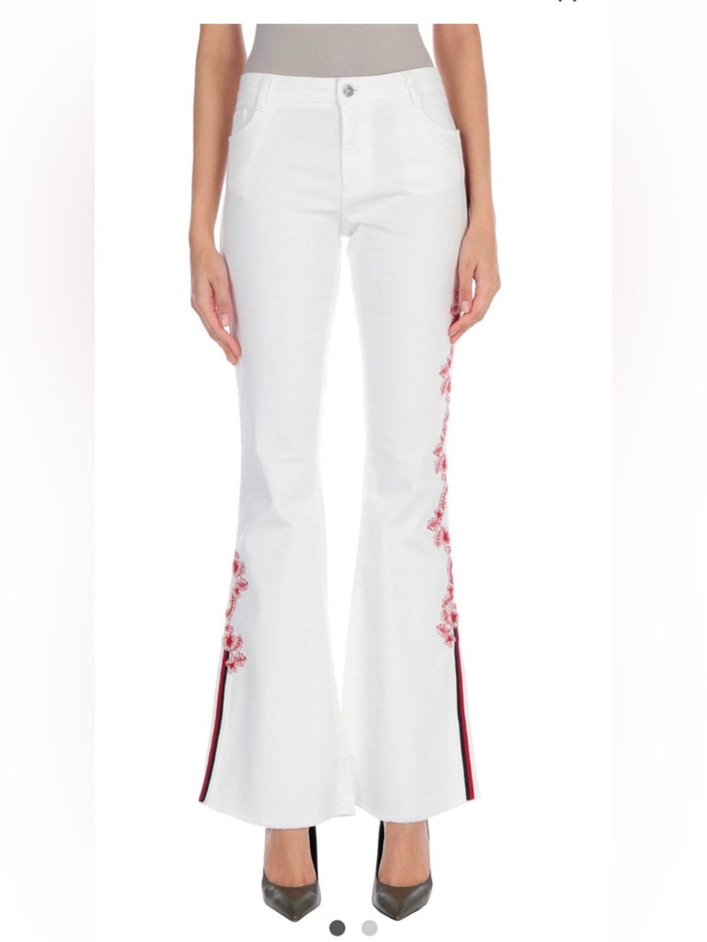 Ermanno Scervino Cream Jeans with Red Floral Embroidery & Stripe Size 44